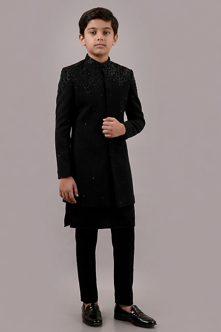 Black Textured Suiting Hand Embroidered Indowestern Set For Boys by STEEL kids at Pernia's Pop Up Shop