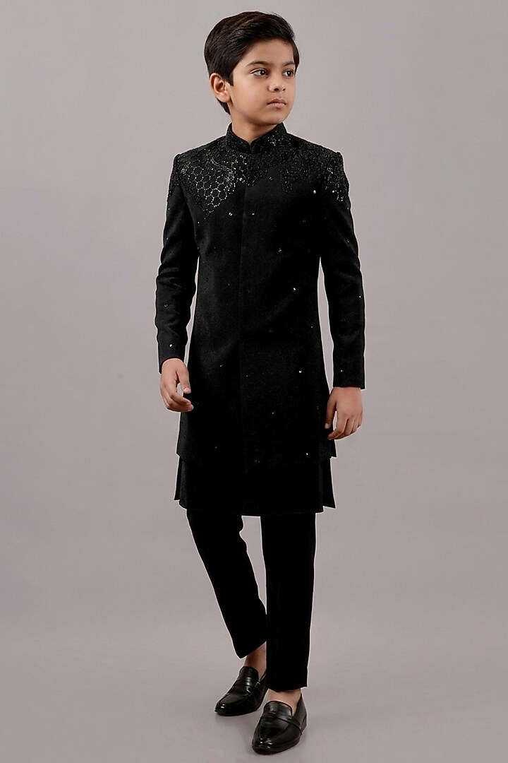 Black Textured Suiting Hand Embroidered Indowestern Set For Boys by STEEL kids at Pernia's Pop Up Shop