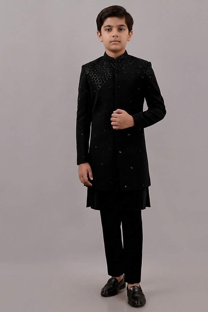Black Textured Suiting Hand Embroidered Indowestern Set For Boys by STEEL kids at Pernia's Pop Up Shop