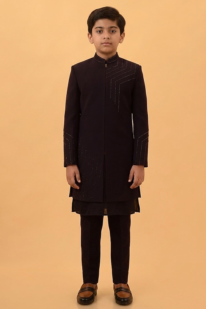 Wine Imported Suiting Hand Embroidered Indowestern Set For Boys by STEEL kids at Pernia's Pop Up Shop