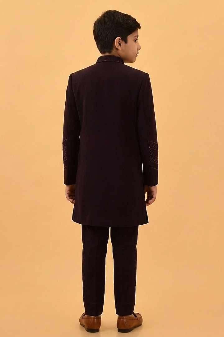 Wine Imported Suiting Hand Embroidered Indowestern Set For Boys by STEEL kids at Pernia's Pop Up Shop