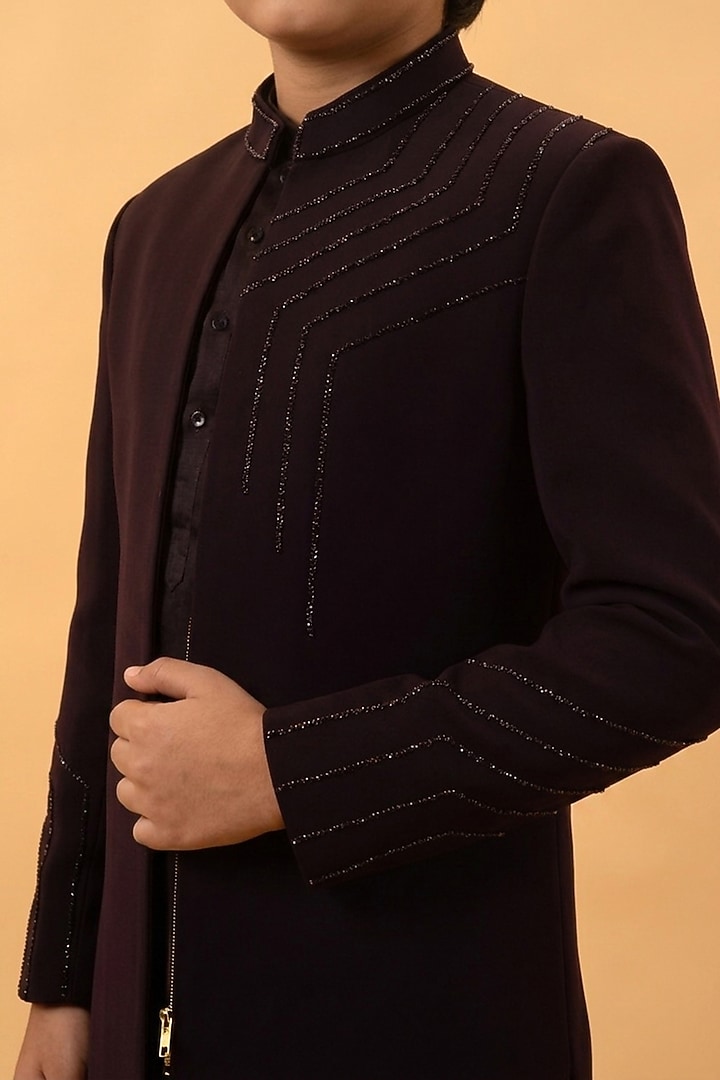 Wine Imported Suiting Hand Embroidered Indowestern Set For Boys by STEEL kids at Pernia's Pop Up Shop