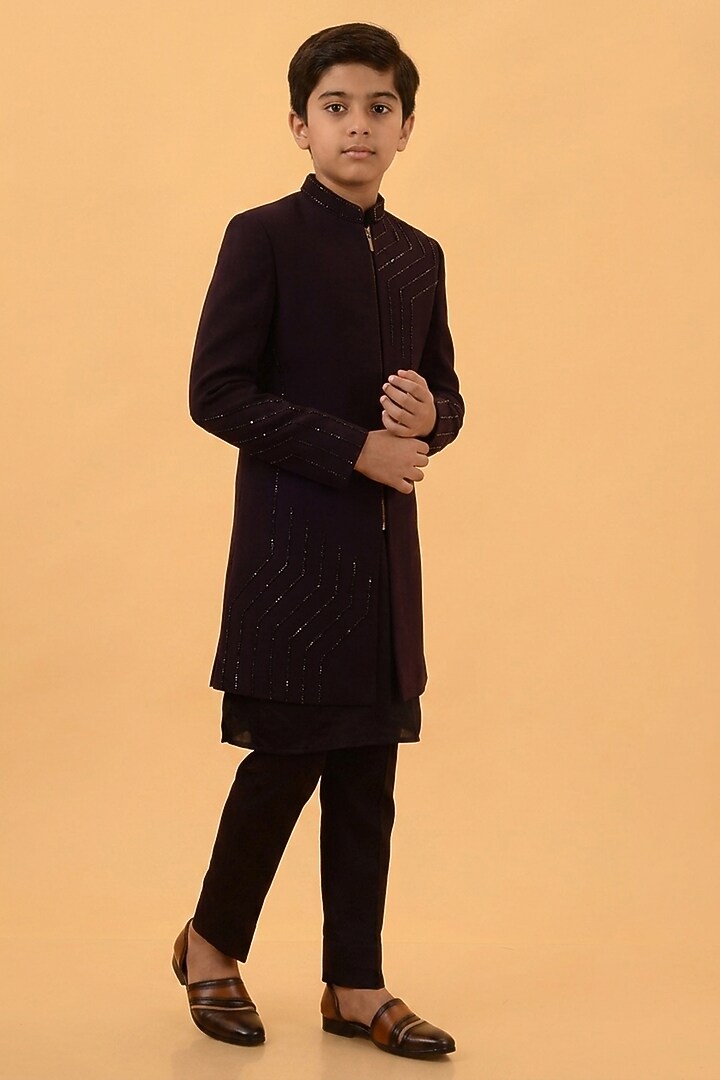 Wine Imported Suiting Hand Embroidered Indowestern Set For Boys by STEEL kids at Pernia's Pop Up Shop