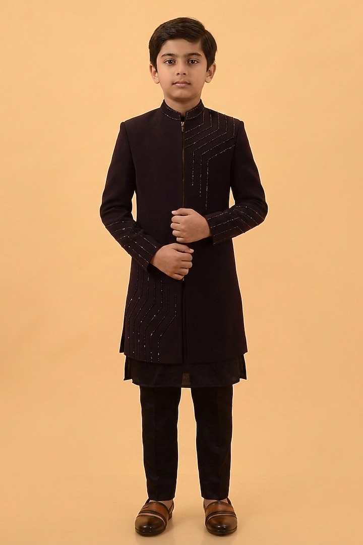 Wine Imported Suiting Hand Embroidered Indowestern Set For Boys by STEEL kids at Pernia's Pop Up Shop