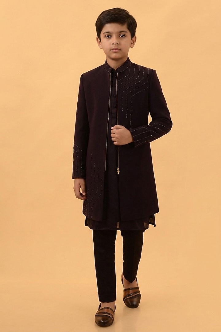 Wine Imported Suiting Hand Embroidered Indowestern Set For Boys by STEEL kids at Pernia's Pop Up Shop