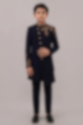 Navy Blue Textured Suiting Hand Embroidered Indowestern Set For Boys by STEEL kids at Pernia's Pop Up Shop