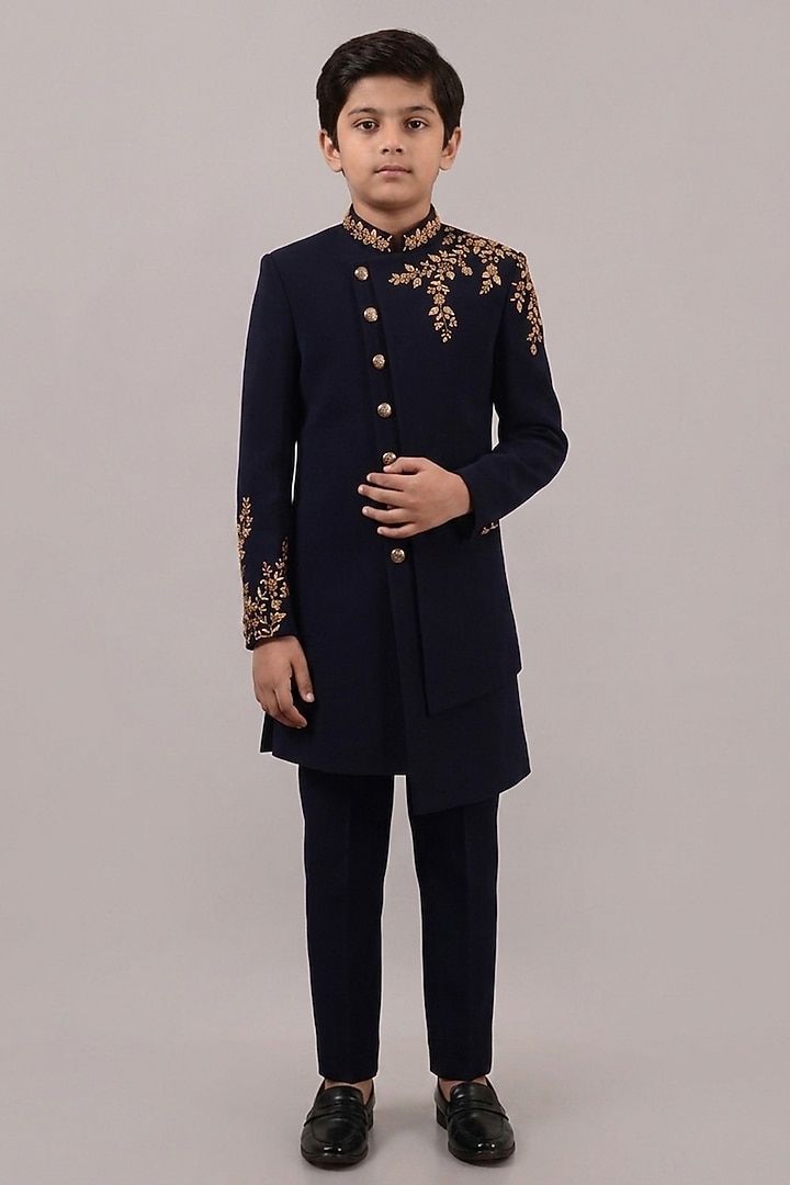 Navy Blue Textured Suiting Hand Embroidered Indowestern Set For Boys by STEEL kids at Pernia's Pop Up Shop