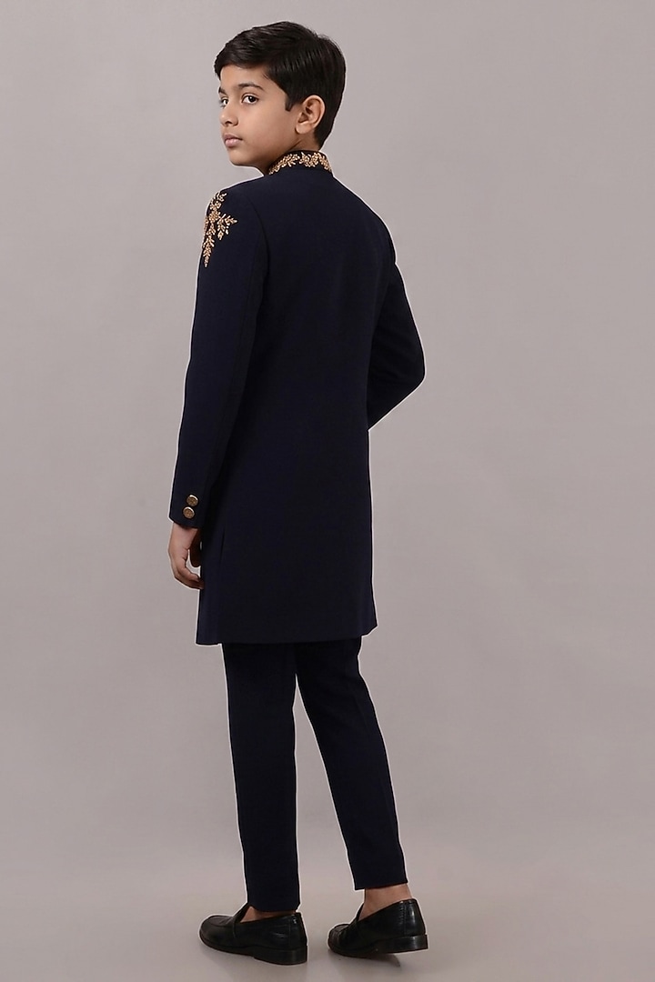 Navy Blue Textured Suiting Hand Embroidered Indowestern Set For Boys by STEEL kids at Pernia's Pop Up Shop