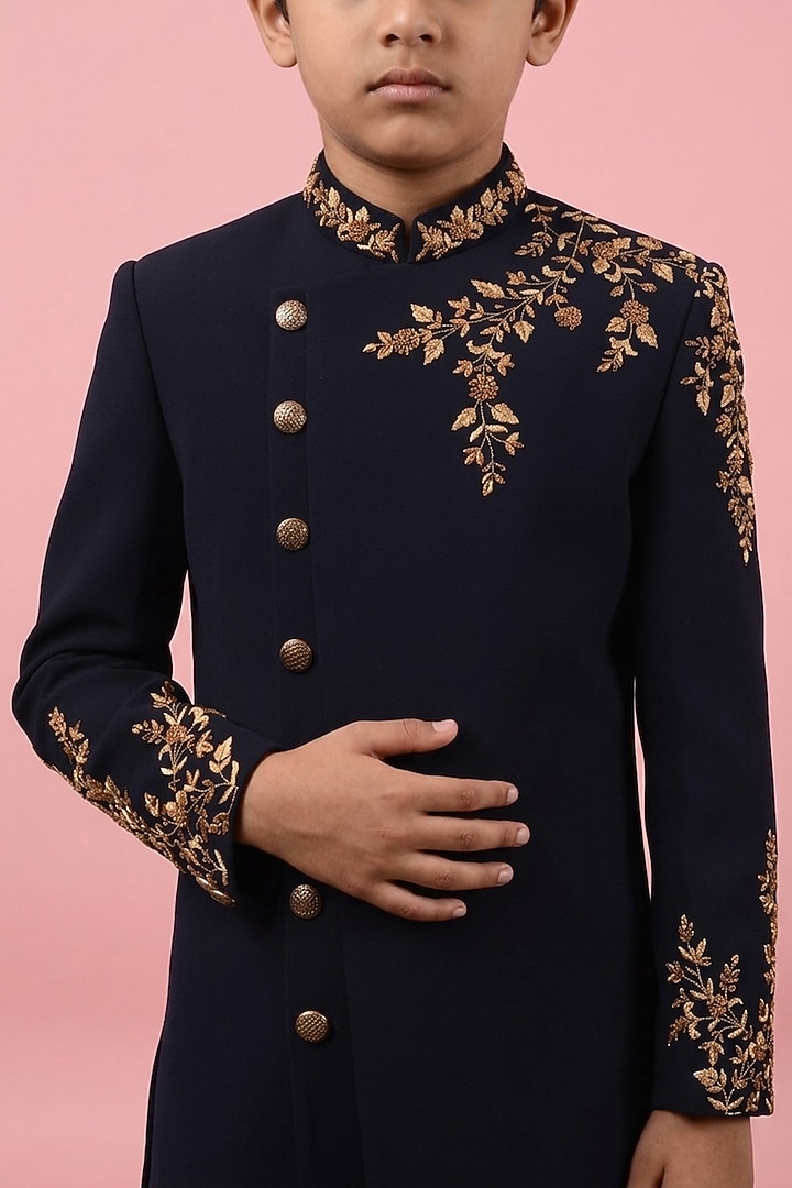 Navy Blue Textured Suiting Hand Embroidered Indowestern Set For Boys by STEEL kids at Pernia's Pop Up Shop
