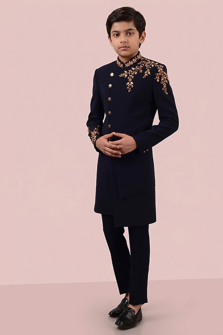 Navy Blue Textured Suiting Hand Embroidered Indowestern Set For Boys by STEEL kids at Pernia's Pop Up Shop