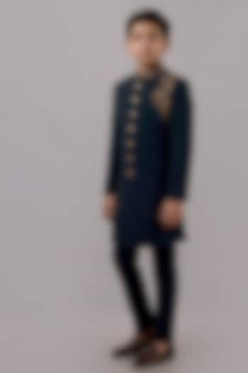 Bottle Green Textured Suiting Hand Embroidered Indowestern Set For Boys by STEEL kids at Pernia's Pop Up Shop