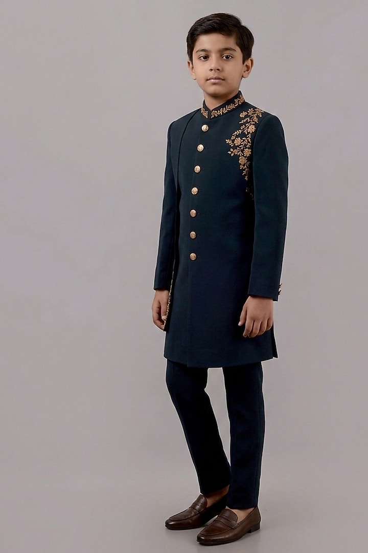 Bottle Green Textured Suiting Hand Embroidered Indowestern Set For Boys by STEEL kids at Pernia's Pop Up Shop
