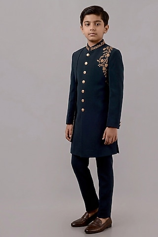 Bottle Green Textured Suiting Hand Embroidered Indowestern Set For Boys by STEEL kids