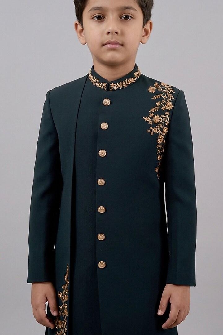 Bottle Green Textured Suiting Hand Embroidered Indowestern Set For Boys by STEEL kids at Pernia's Pop Up Shop