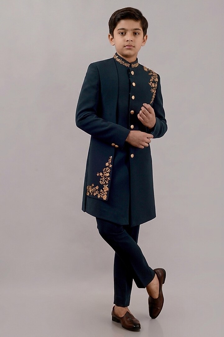 Bottle Green Textured Suiting Hand Embroidered Indowestern Set For Boys by STEEL kids at Pernia's Pop Up Shop