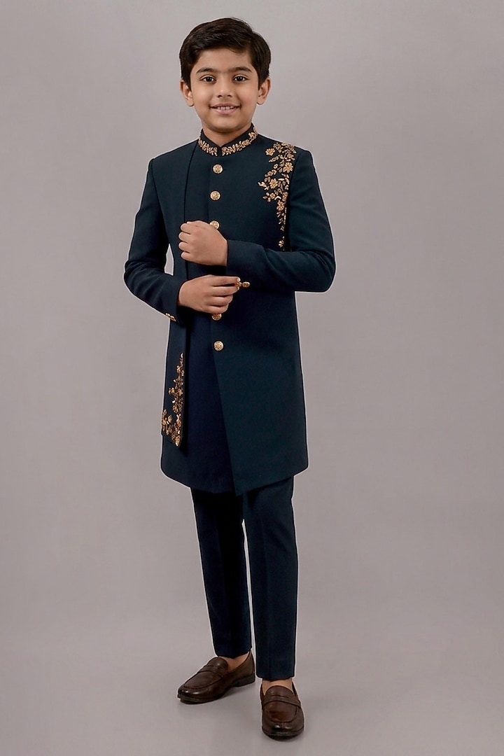 Bottle Green Textured Suiting Hand Embroidered Indowestern Set For Boys by STEEL kids at Pernia's Pop Up Shop