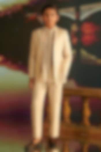 Ivory Linen Satin Hand Embroidered Indowestern Set For Boys by STEEL kids at Pernia's Pop Up Shop