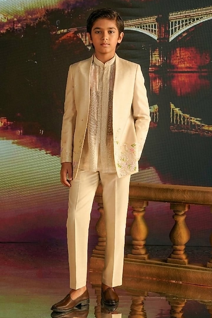 Ivory Linen Satin Hand Embroidered Indowestern Set For Boys by STEEL kids at Pernia's Pop Up Shop