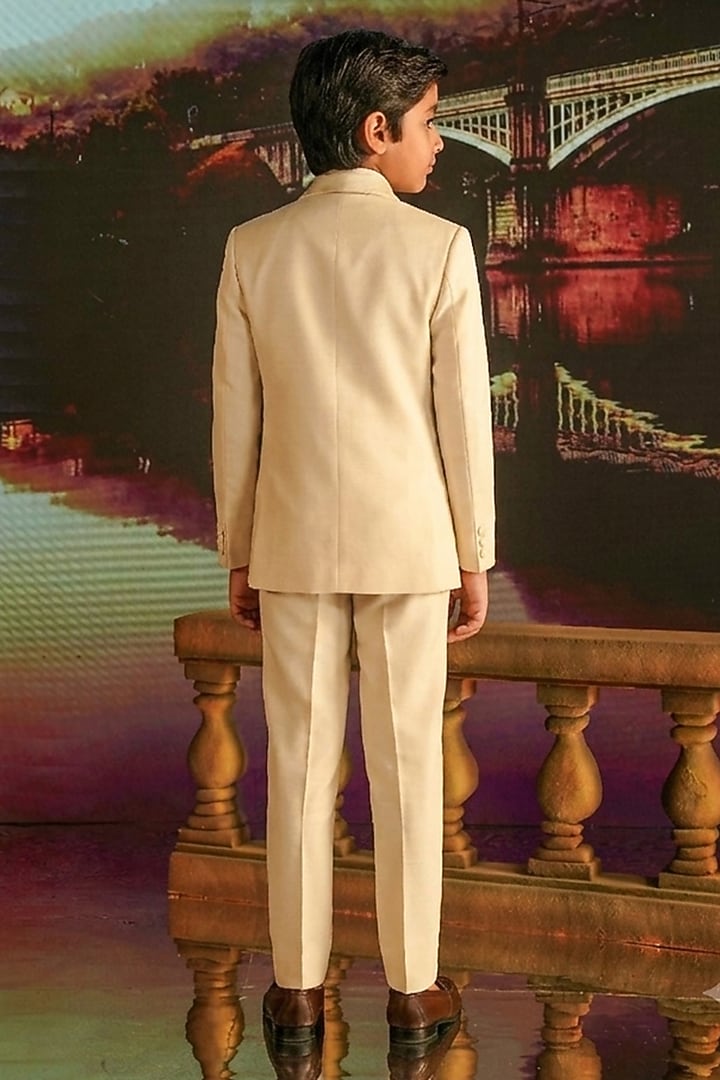 Ivory Linen Satin Hand Embroidered Indowestern Set For Boys by STEEL kids at Pernia's Pop Up Shop