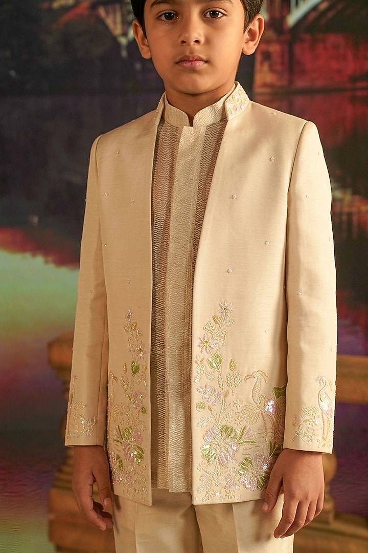 Ivory Linen Satin Hand Embroidered Indowestern Set For Boys by STEEL kids at Pernia's Pop Up Shop