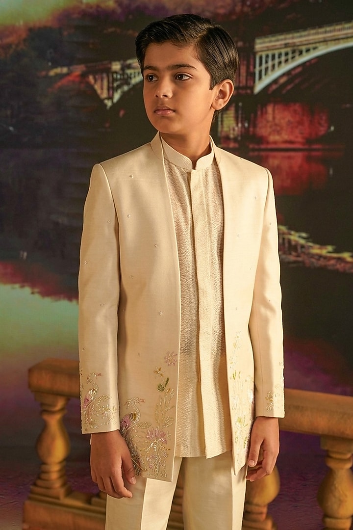 Ivory Linen Satin Hand Embroidered Indowestern Set For Boys by STEEL kids at Pernia's Pop Up Shop