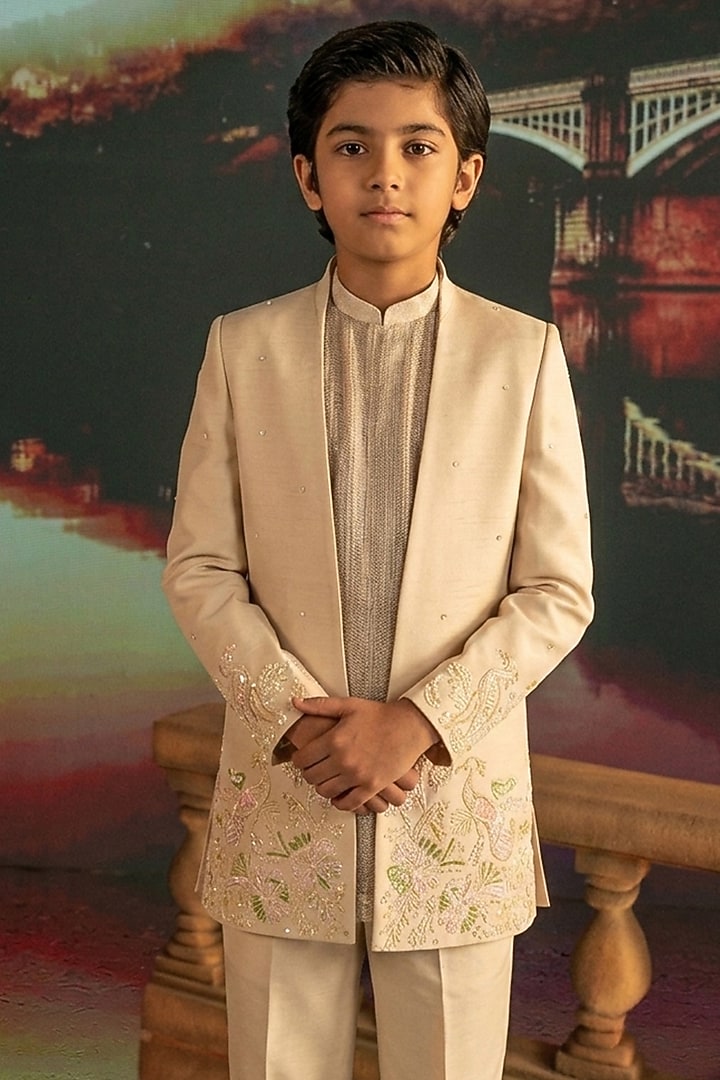 Ivory Linen Satin Hand Embroidered Indowestern Set For Boys by STEEL kids at Pernia's Pop Up Shop