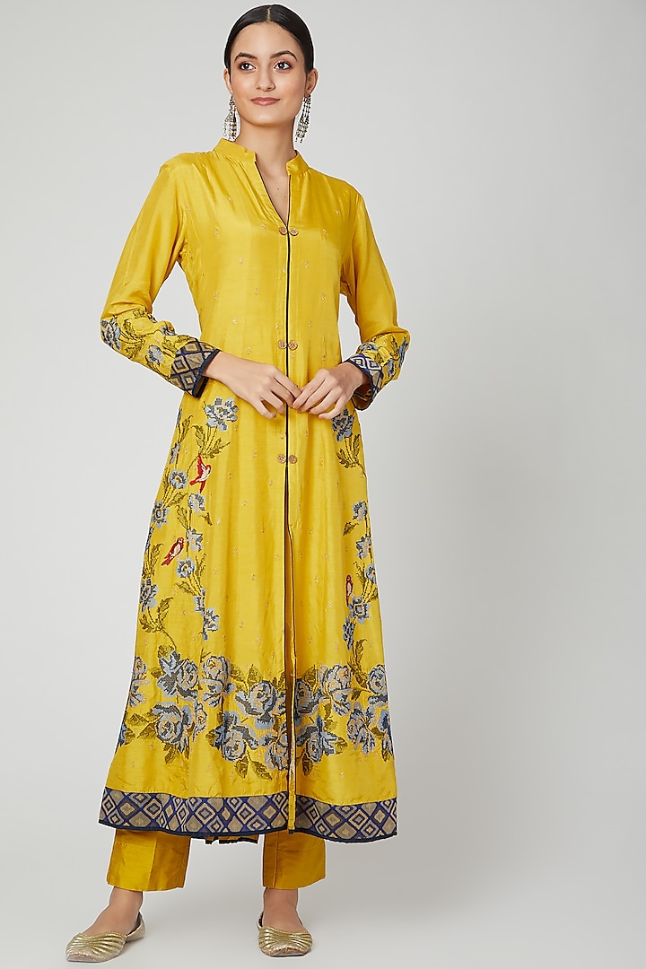 Yellow Embroidered Anarkali Set by Sunita Nagi