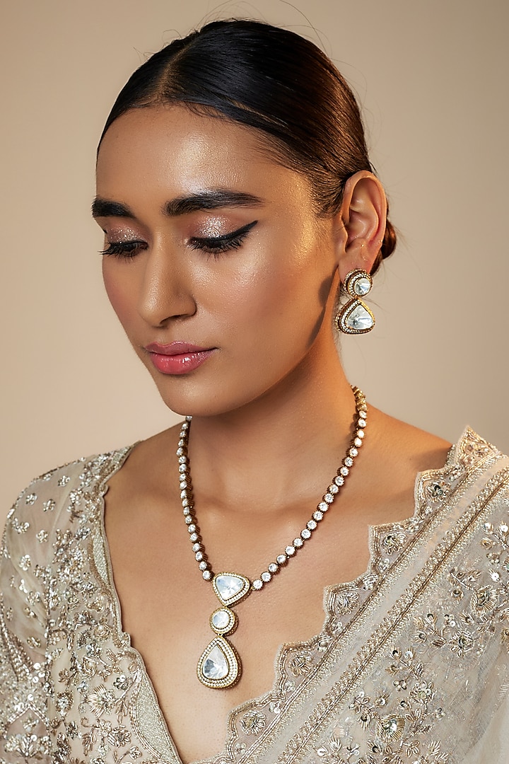 Gold Finish Kundan Polki Long Necklace Set by Studio6 Jewels at Pernia's Pop Up Shop