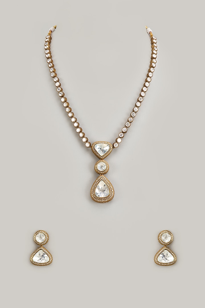 Gold Finish Kundan Polki Long Necklace Set by Studio6 Jewels at Pernia's Pop Up Shop