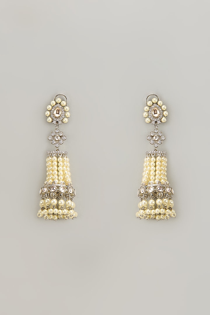 White Finish Silver Polished Pearl Jhumka Earrings by Studio6 Jewels at Pernia's Pop Up Shop