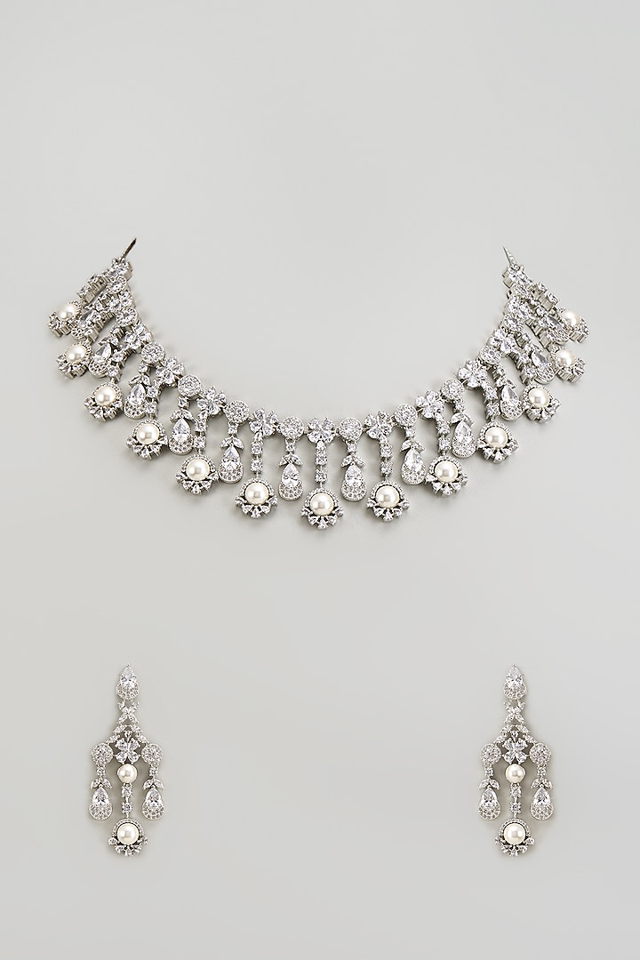 White Finish Zircon & Pearl Necklace Set by Studio6 Jewels at Pernia's Pop Up Shop