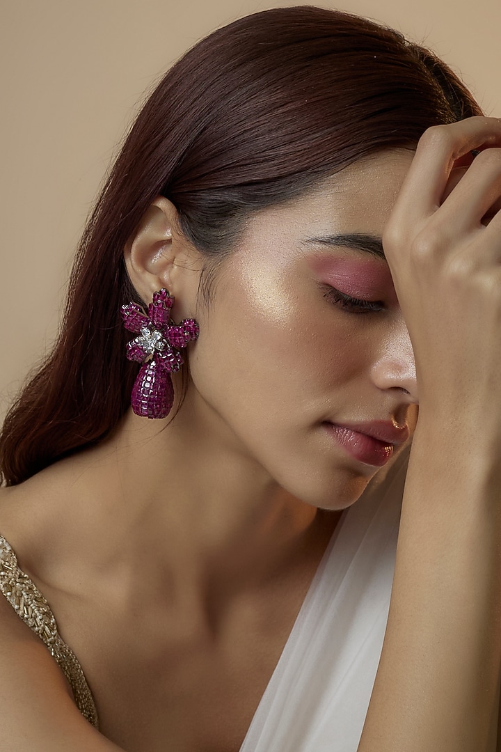 White Finish Unique Cut Pink Zircon Floral Dangler Earrings by Studio6 Jewels at Pernia's Pop Up Shop