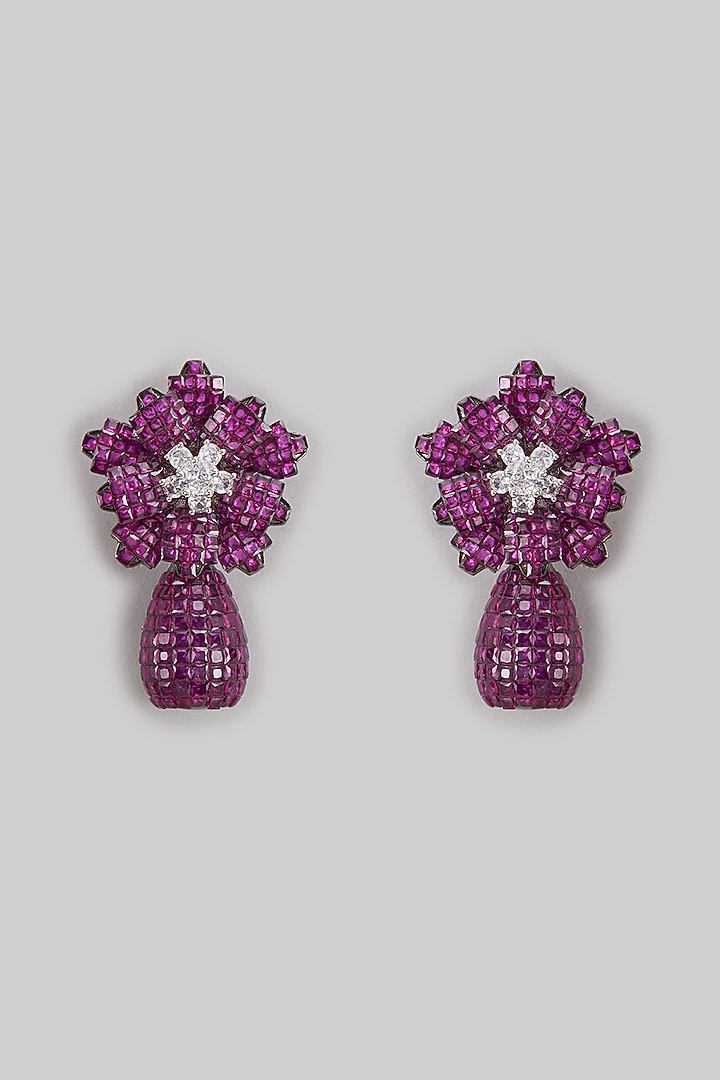 White Finish Unique Cut Pink Zircon Floral Dangler Earrings by Studio6 Jewels at Pernia's Pop Up Shop