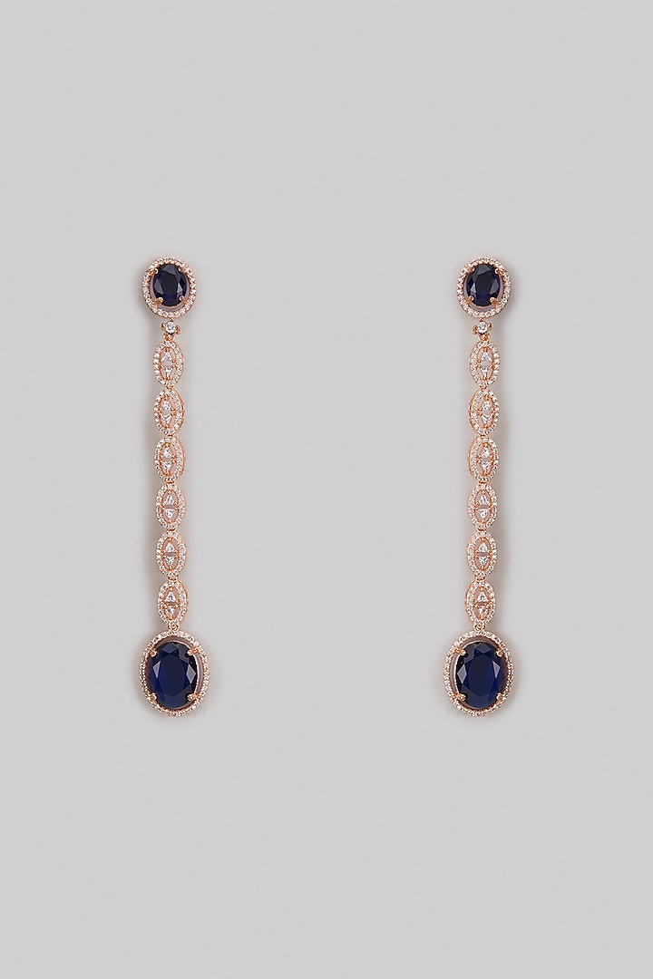 Rose Gold Finish Zircon & Blue Stone Long Earrings by Studio6 Jewels at Pernia's Pop Up Shop