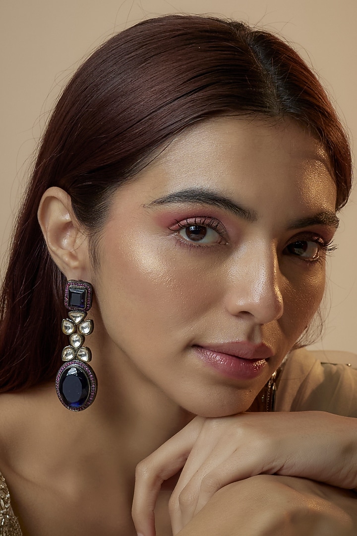 Black Rhodium Finish Zircon & Deep Purple Stone Dangler Earrings by Studio6 Jewels at Pernia's Pop Up Shop
