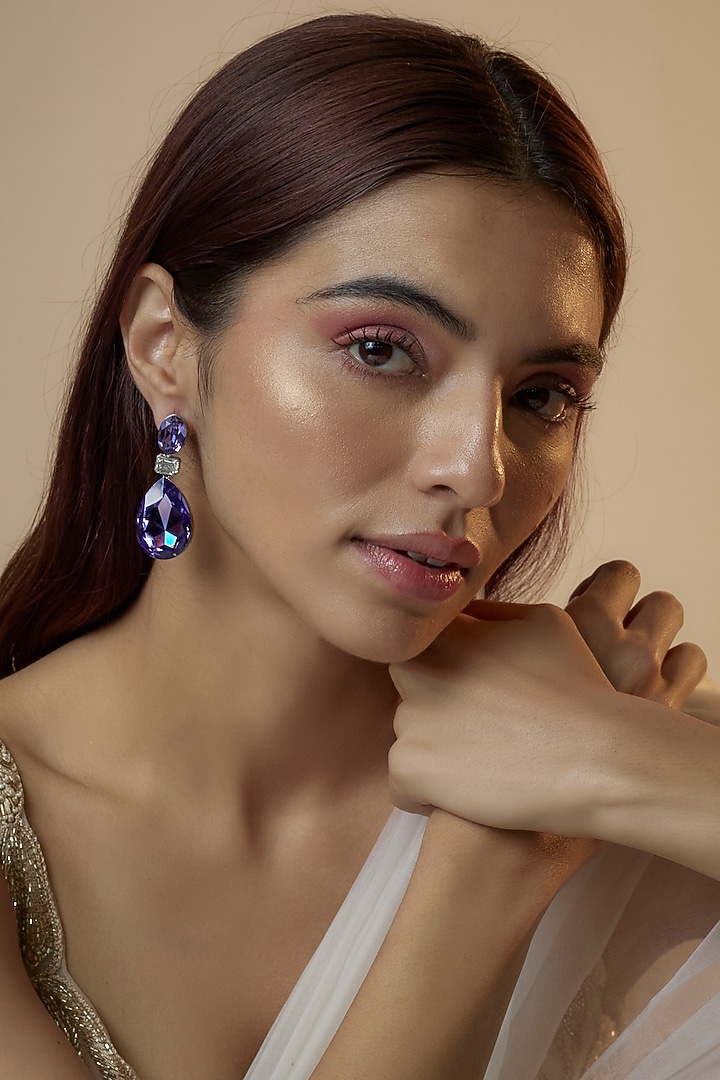 White Finish Purple Crystal & Zircon Dangler Earrings by Studio6 Jewels at Pernia's Pop Up Shop