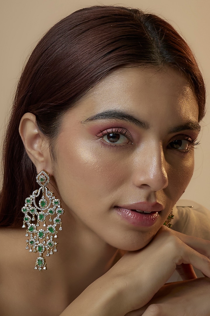 Gold Finish Zircon & Green Stone Dangler Earrings by Studio6 Jewels at Pernia's Pop Up Shop