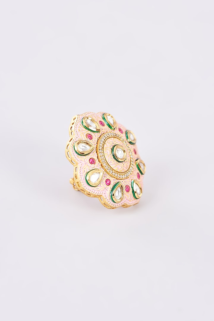 Gold Finish Kundan Polki Meenakari Ring by Studio6 Jewels at Pernia's Pop Up Shop