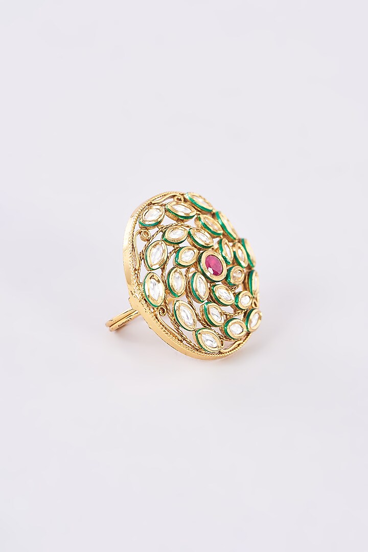 Gold Finish Kundan Polki & Red Stone Ring by Studio6 Jewels at Pernia's Pop Up Shop