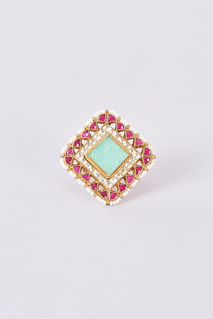 Gold Finish Kundan Polki & Green Carved Stone Ring by Studio6 Jewels at Pernia's Pop Up Shop