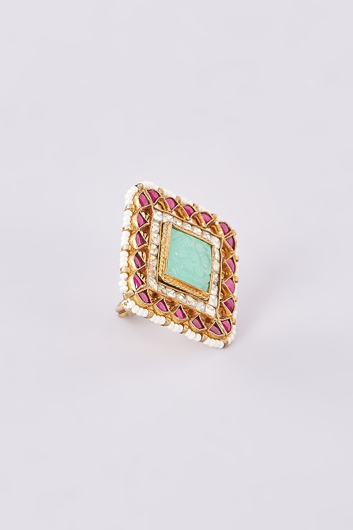Gold Finish Kundan Polki & Green Carved Stone Ring by Studio6 Jewels at Pernia's Pop Up Shop