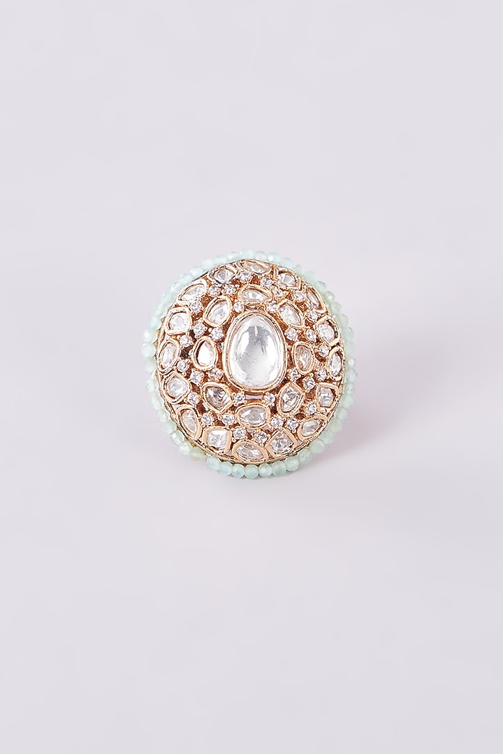 Gold Finish Kundan Polki & Aqua Beaded Ring by Studio6 Jewels at Pernia's Pop Up Shop