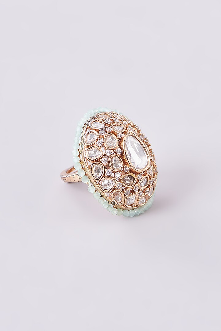 Gold Finish Kundan Polki & Aqua Beaded Ring by Studio6 Jewels at Pernia's Pop Up Shop