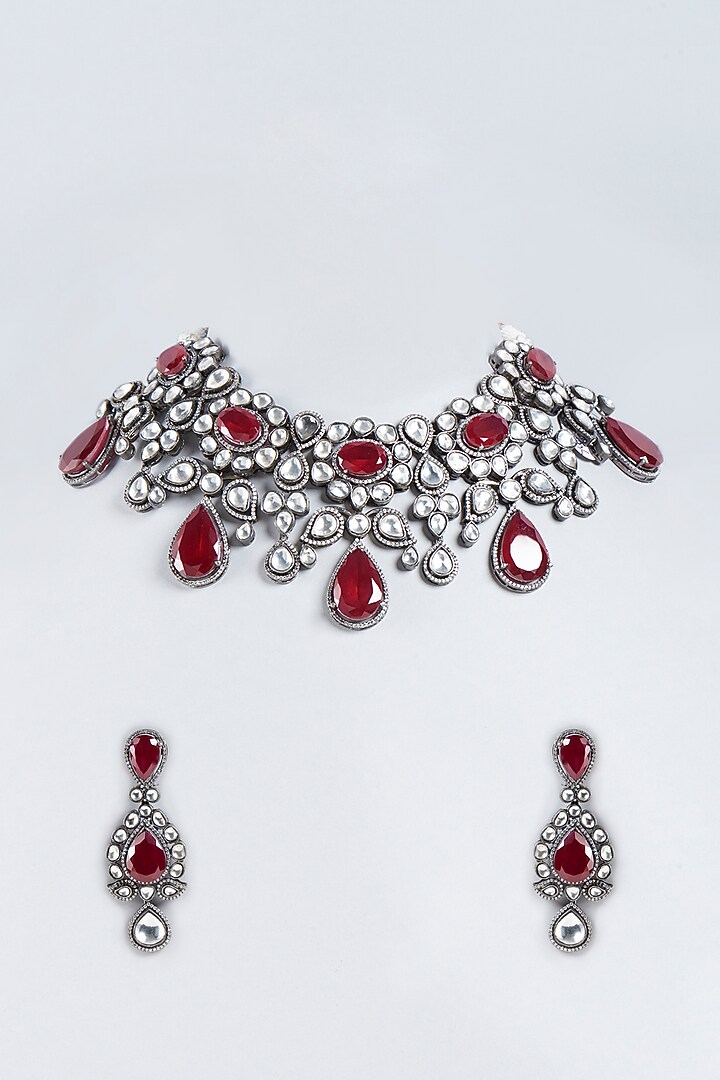 Black Rhodium Finish Kundan Polki Necklace Set by Studio6 Jewels at Pernia's Pop Up Shop