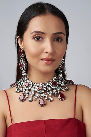Black Rhodium Finish Kundan Polki Necklace Set by Studio6 Jewels