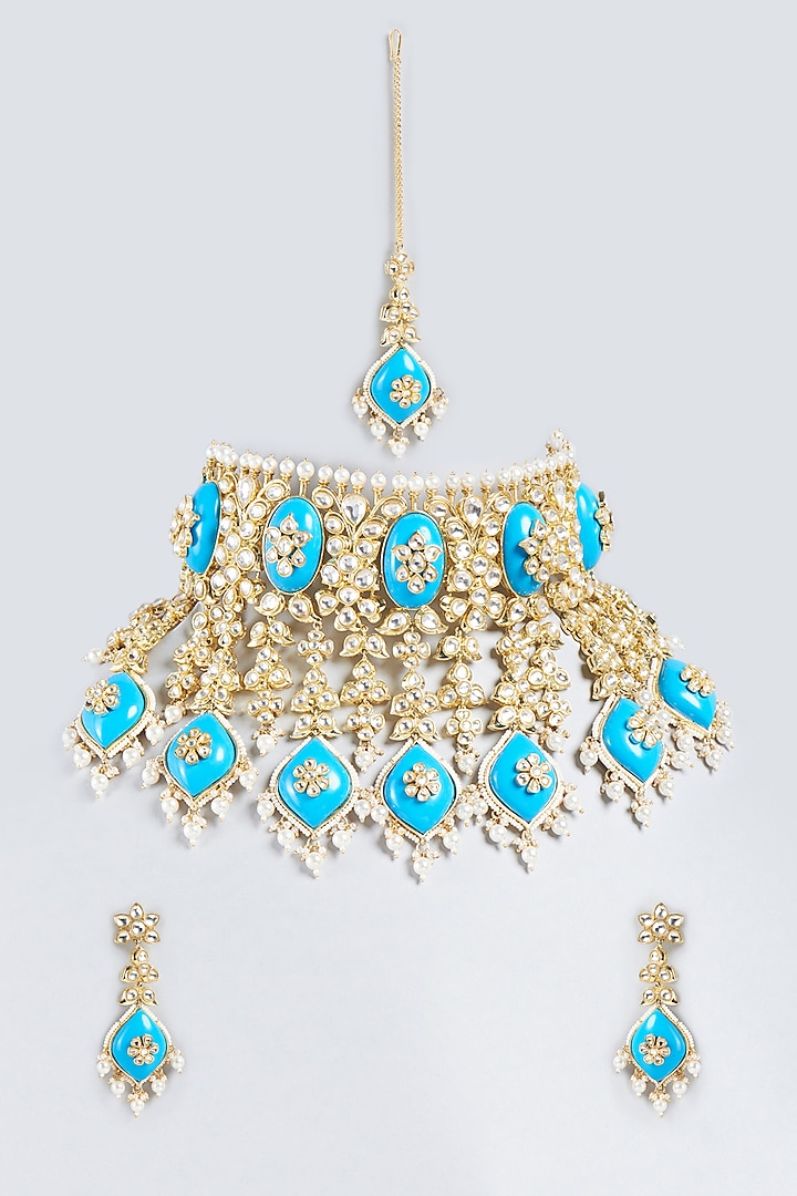 Gold Finish Kundan Polki Choker Necklace Set by Studio6 Jewels