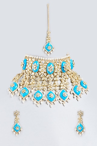 Gold Finish Kundan Polki Choker Necklace Set by Studio6 Jewels
