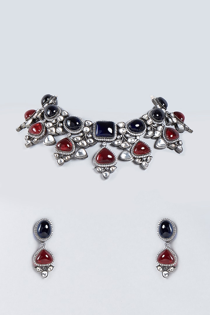 Black Rhodium Finish Kundan Necklace Set by Studio6 Jewels at Pernia's Pop Up Shop