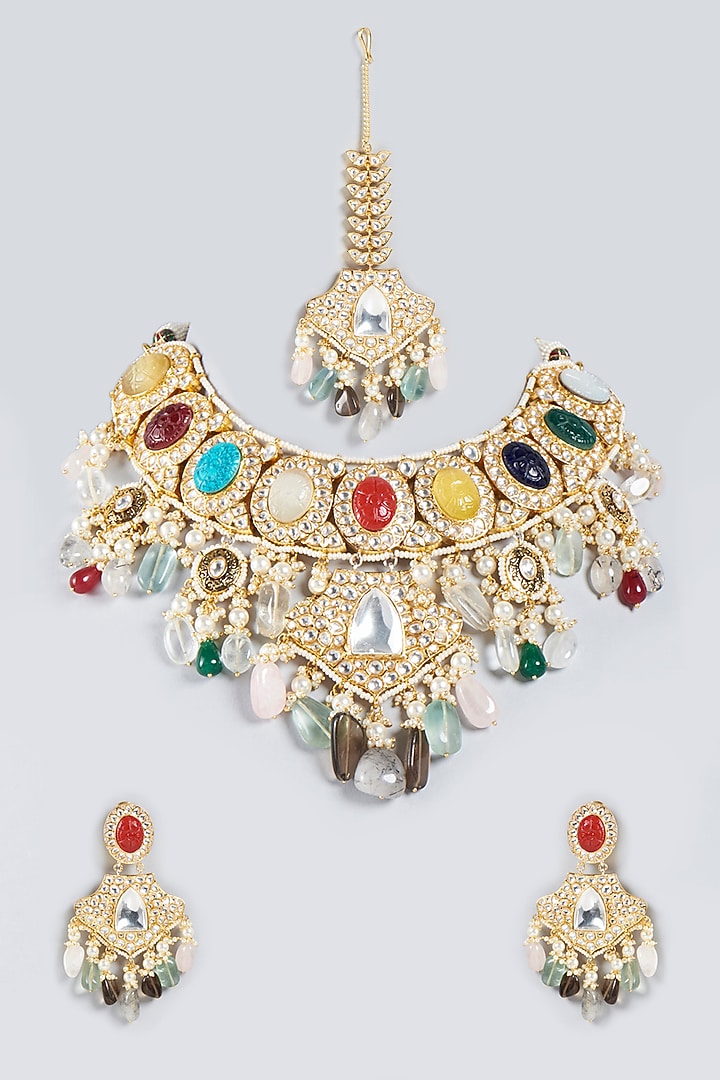 Gold Finish Navratan Kundan Polki Necklace Set by Studio6 Jewels at Pernia's Pop Up Shop