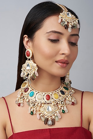 Gold Finish Navratan Kundan Polki Necklace Set by Studio6 Jewels